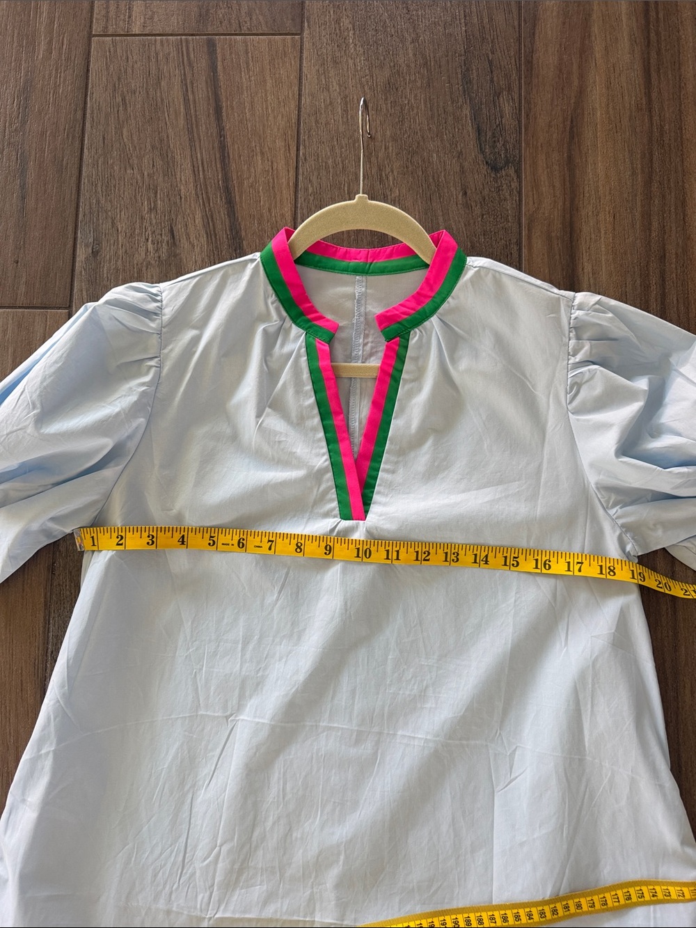Light Blue V-Neck Swing Dress Pink & Green Trim Puff Sleeve Women’s Small NWOT - Picture 7 of 8